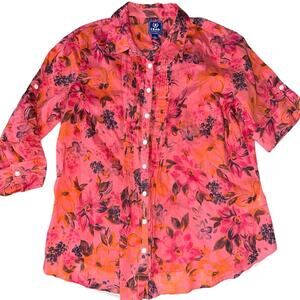 IZOD Vintage Peachy Floral Semi-Sheer Button Up Blouse Large